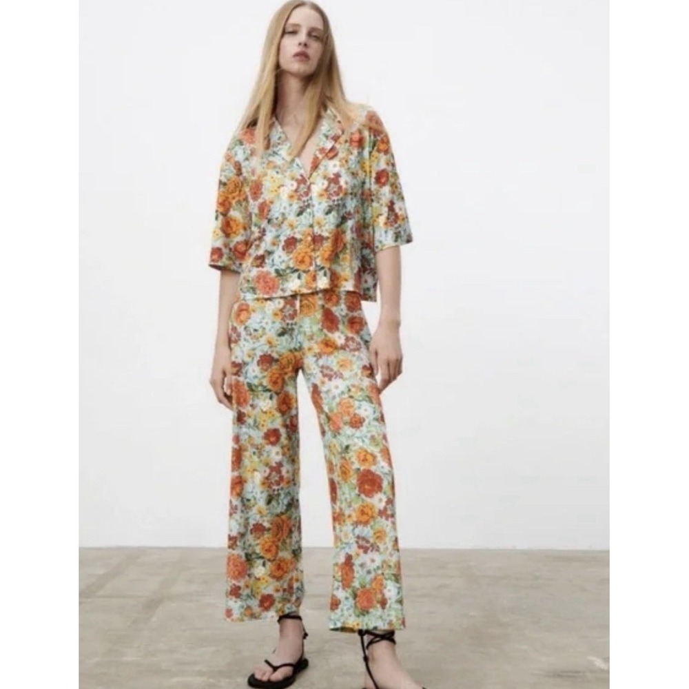 Zara Tropical Floral Palazzo Pant Set Size M/L Orange Retro Resort Lounge Wear